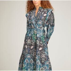 NWT Maria Cher Lugo Franca Maxi Dress Silk Cotton M Printed Pleat Placket Boho